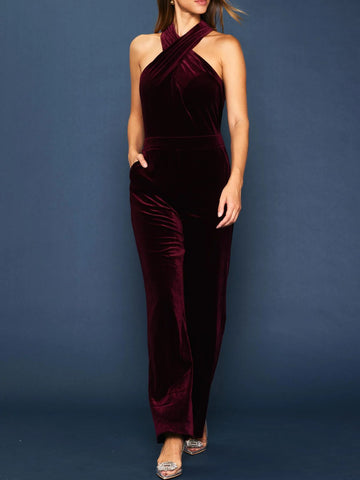 Velvet Halter Jumpsuit Burgundy