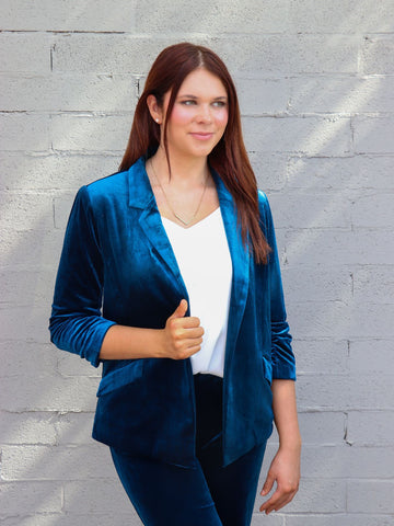 Velvet Blazer Ruched Sleeves Teal