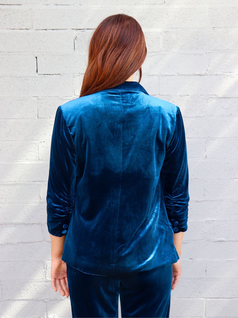Velvet Blazer Ruched Sleeves Teal