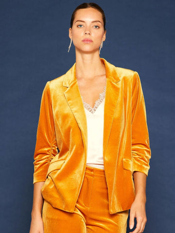Velvet Blazer Ruched Sleeves Golden Mustard