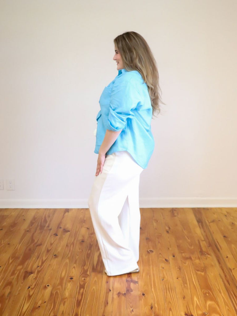 Toni Linen Button Down Turquoise