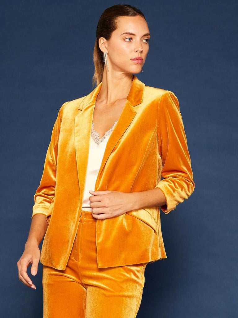 Velvet Blazer Ruched Sleeves Golden Mustard
