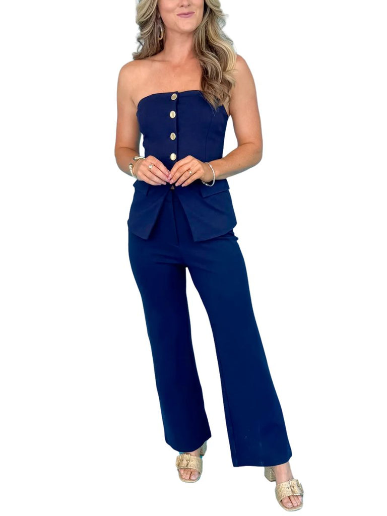 Navy Knit Wide Leg Trousers