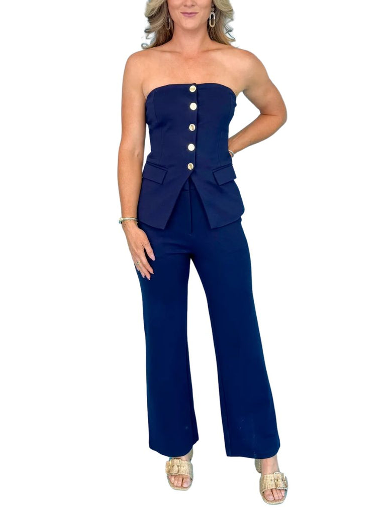 Navy Knit Wide Leg Trousers