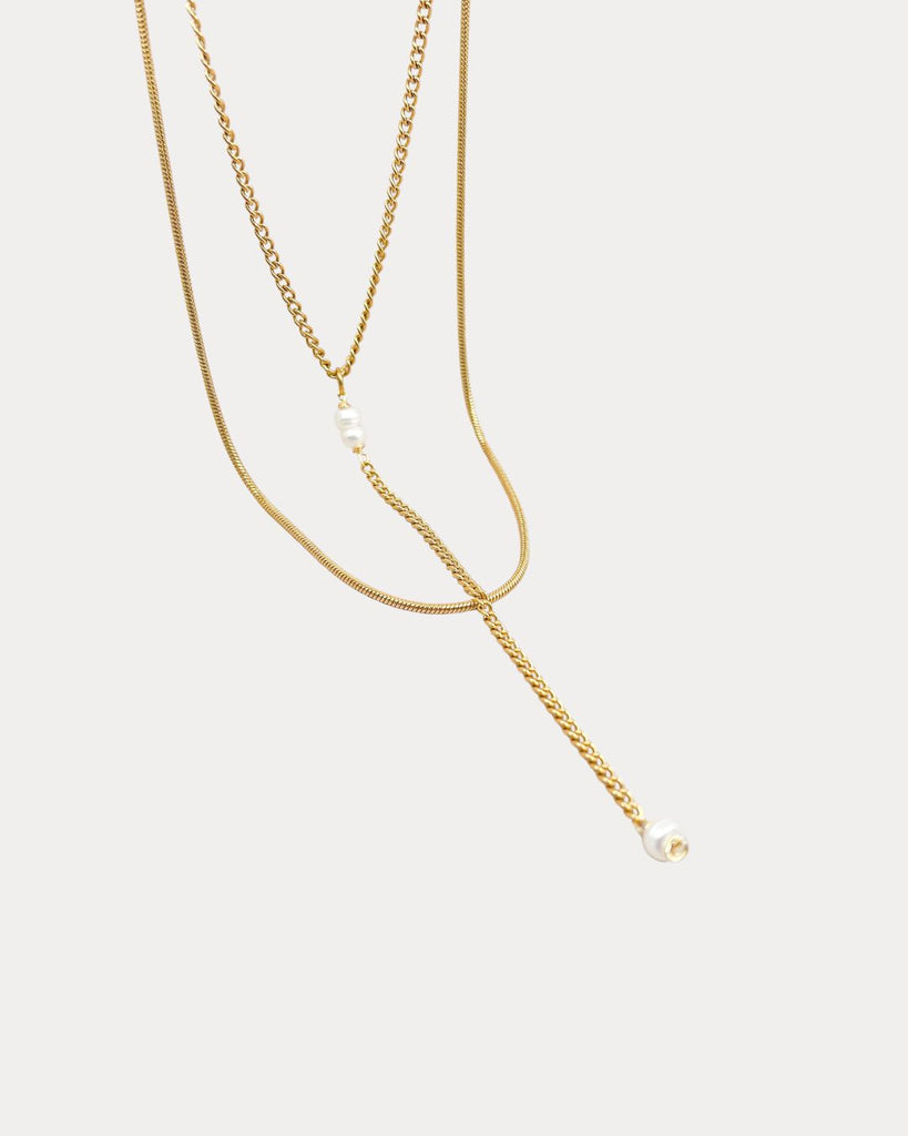 Layered Snake Chain Drop Pearl Necklace
