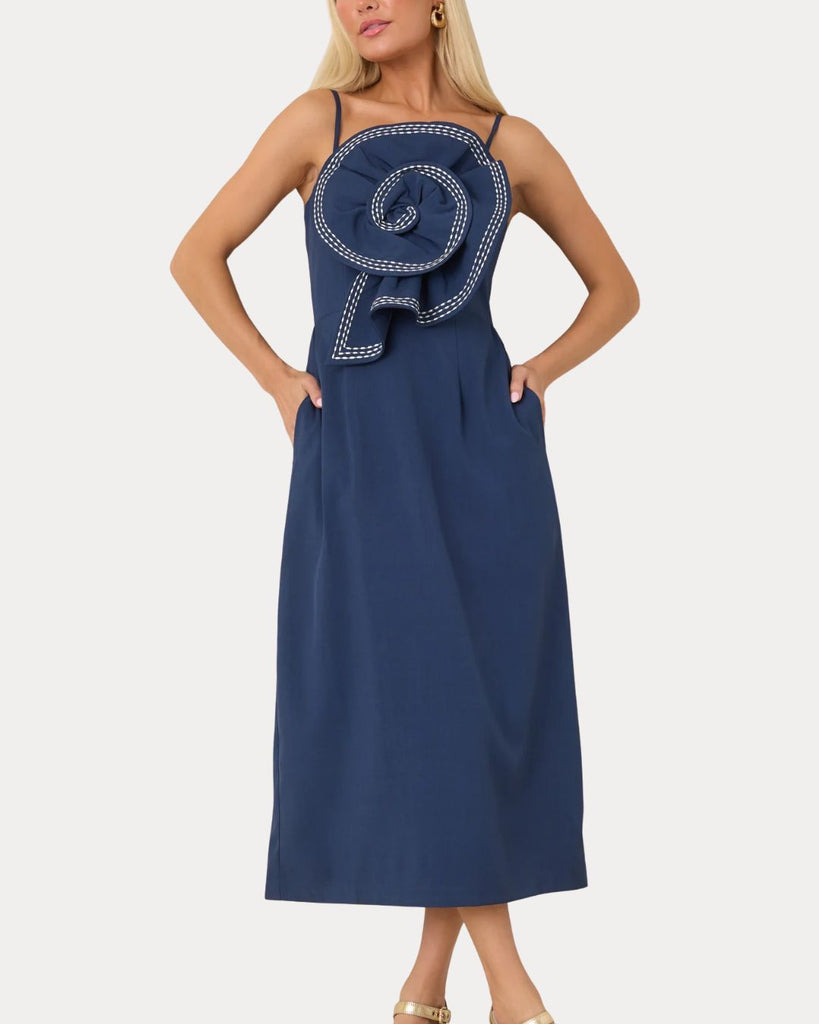 Flower Navy Stitch Midi Dress