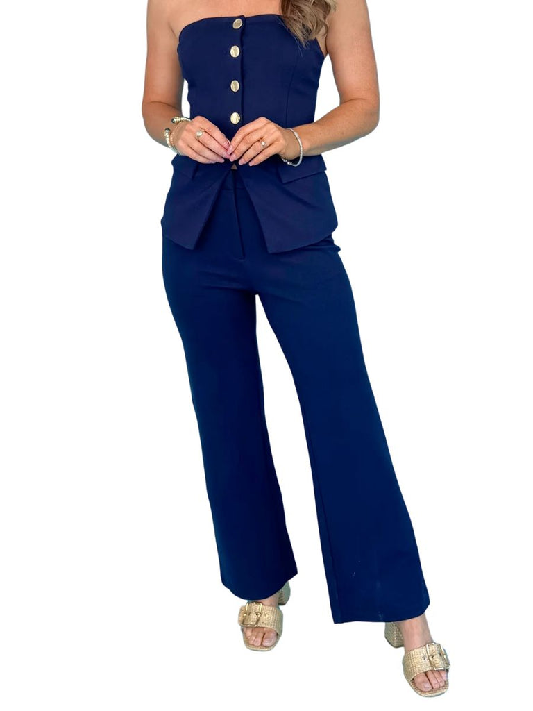 Navy Knit Wide Leg Trousers