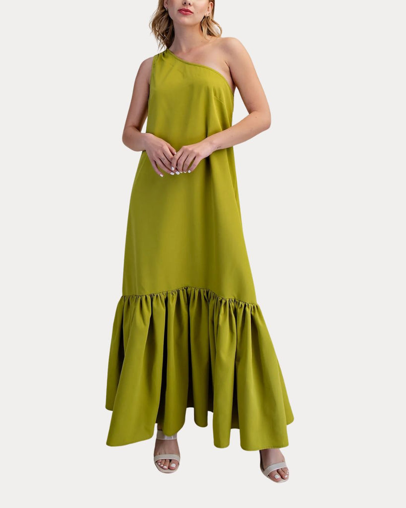 Lime One Shoulder Ruffle Maxi