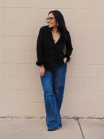 Detachable Feather Cuff Blazer Black