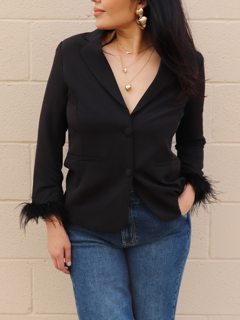 Detachable Feather Cuff Blazer Black