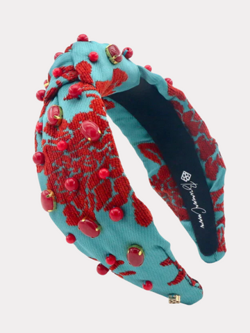 Teal Headband with Red Embroidery