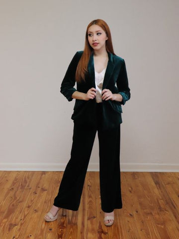 Velvet Blazer Ruched Sleeves Hunter Green