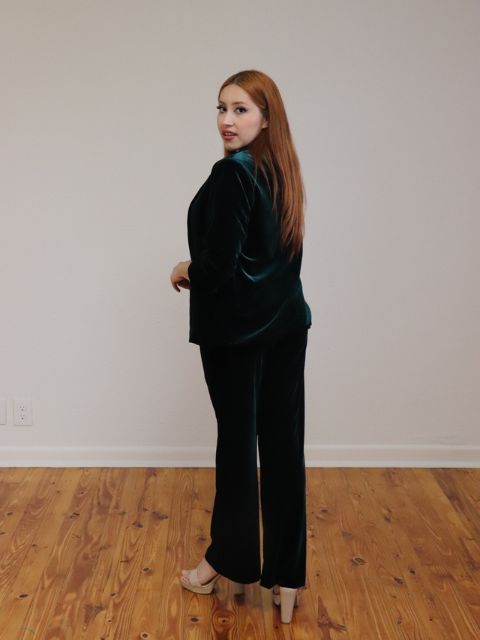Velvet Blazer Ruched Sleeves Hunter Green