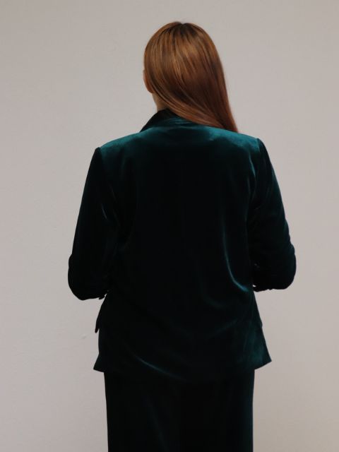 Velvet Blazer Ruched Sleeves Hunter Green