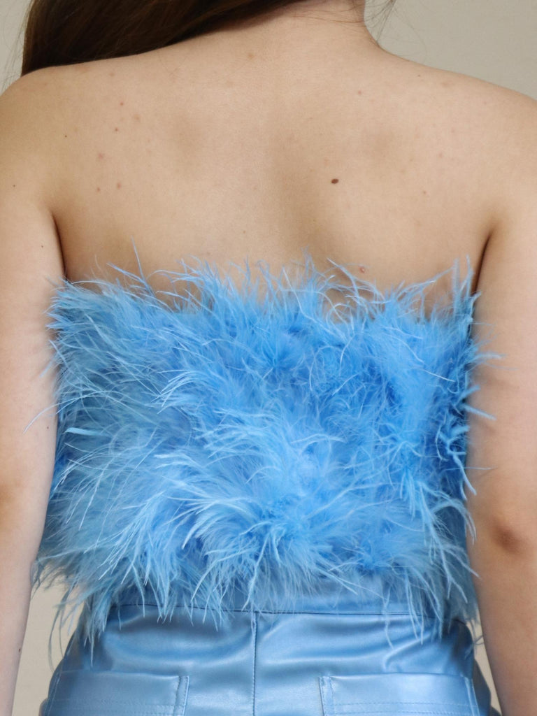 Fancy Strapless Feather Crop Top- Azure Blue